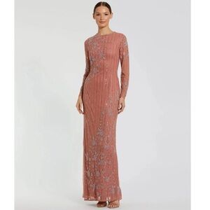 MacDuggal Embellished High Neck Illusion Long Sleeve Gown